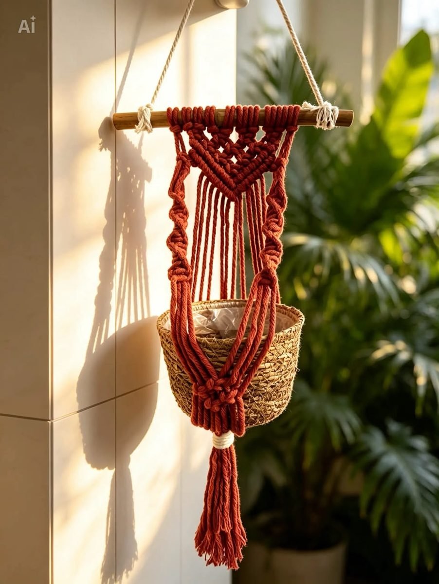 Suporte de planta em macramê terracota com vaso pendurado à luz do sol