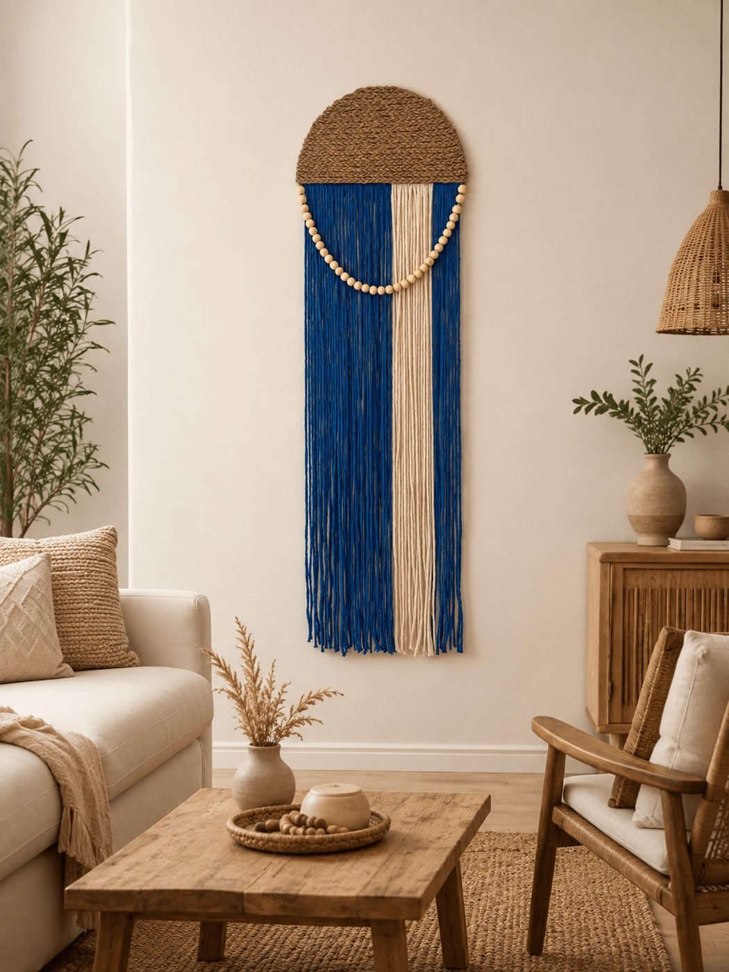 Painel de macramê azul e cru em sala com móveis de madeira clara